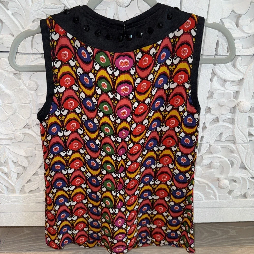 Tory‎ Burch Women's Multi-Color Print Beaded Top Size 2 Sleeveless Zip 100% Silk